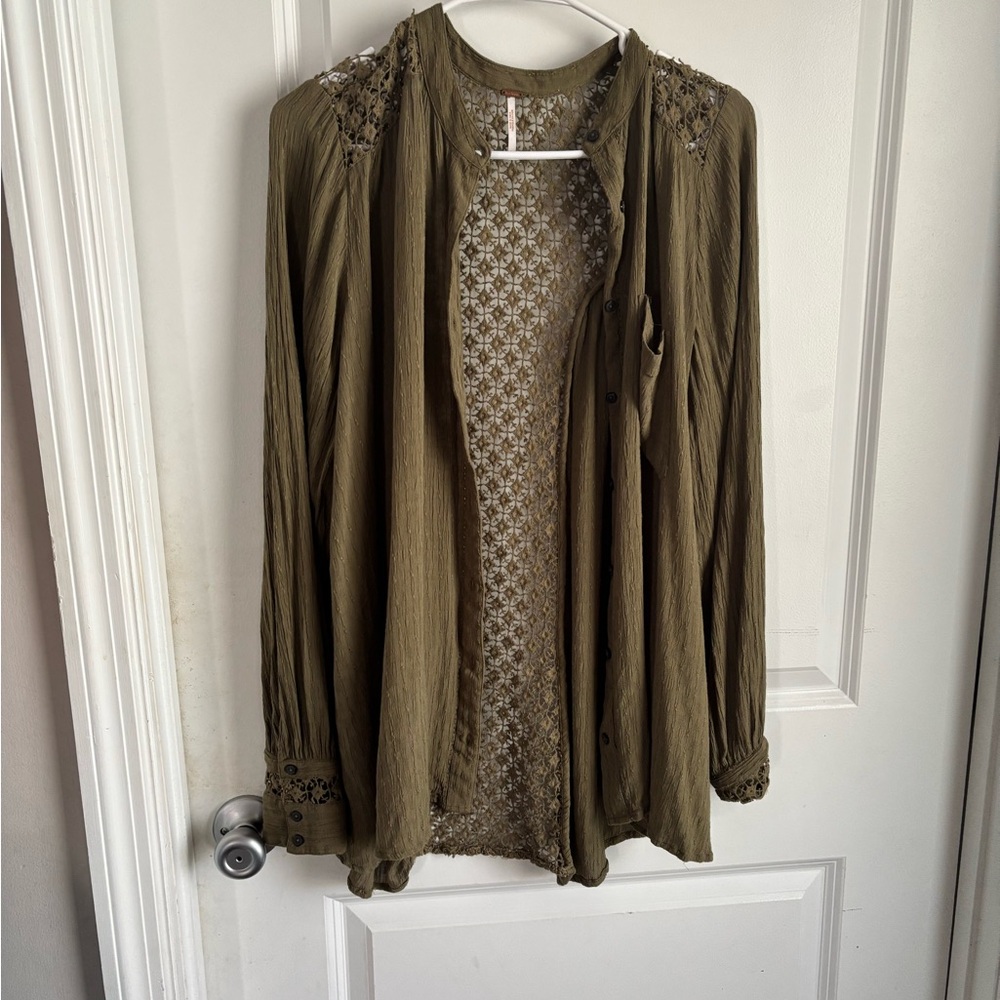 Olive Green Lace Detail Blouse in